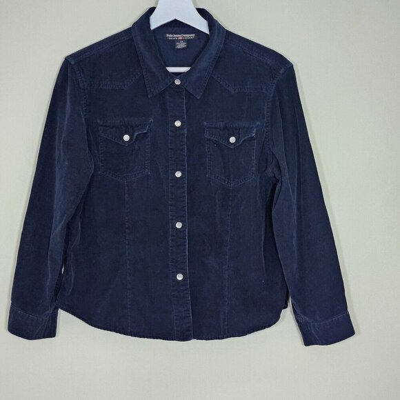 Ralph Lauren Shirt Youth Women L Navy LS Pearl Snap Button Corduroy Boho Western - Picture 1 of 14